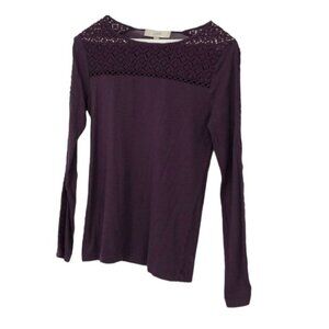 Loft purple long sleeve illusion lace neckline  cutout crochet sleeve t-shirt XS